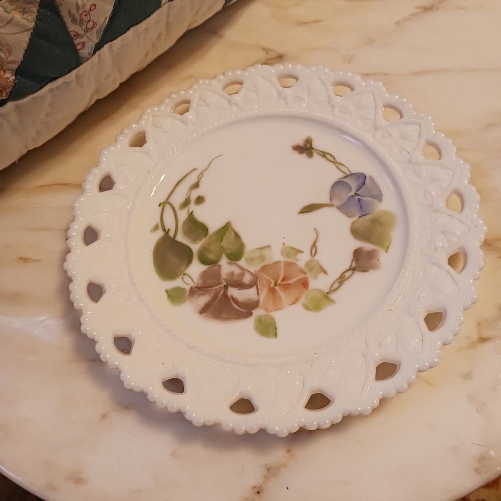 Vintage Hand-Painted Milk Glass Plate, 1950s Pansies With Leaves, Rare